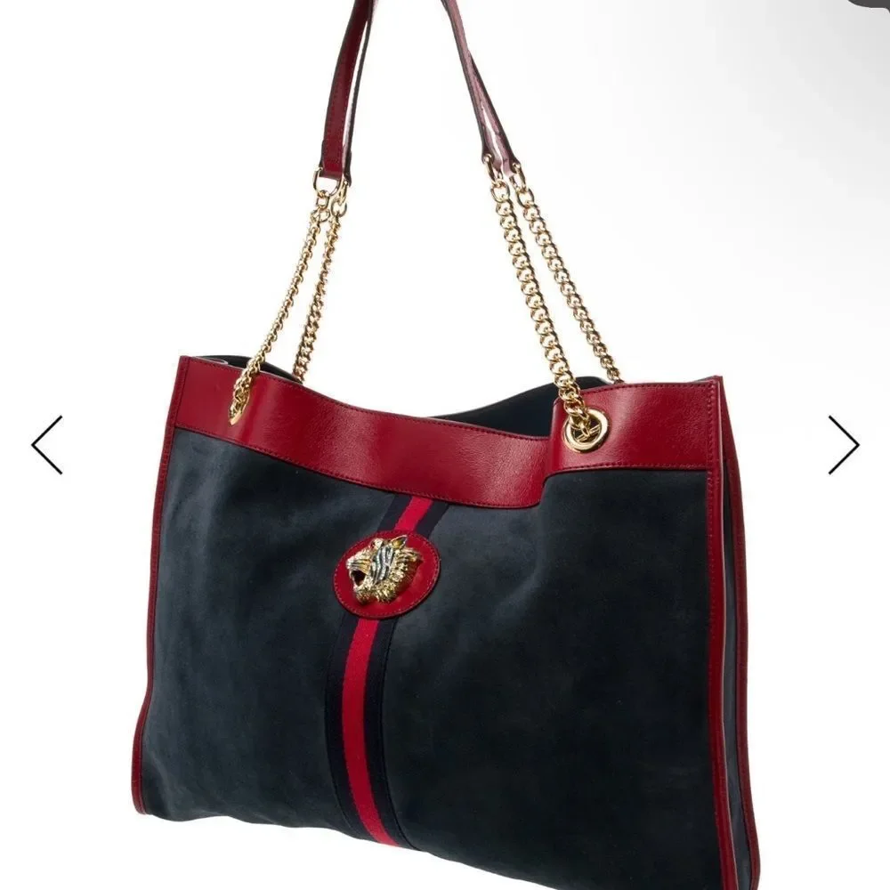 GUCCI Navy Blue Suede & Red Leather Trim Large Sylvie Web Rajah Tote Bag